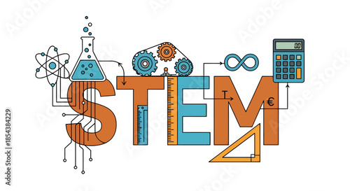 A vector illustration showcasing the word 'STEM' integrated with science tools and mathematical symbols, representing an interdisciplinary approach to education and innovation.