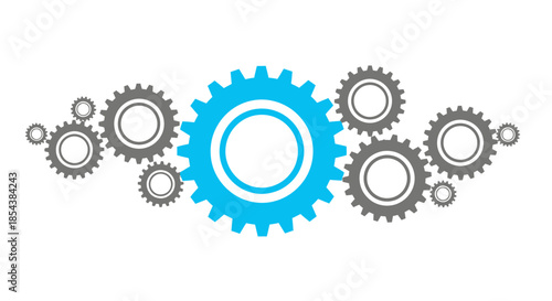 A vibrant vector illustration showcases a collection of interconnected gears, featuring a prominent blue gear at the center, symbolizing teamwork and mechanical precision against a clean white