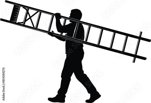 Black silhouette of a male construction worker or handyman carrying a long ladder on his shoulder, maintenance service worker icon, vector illustration,