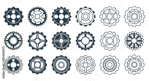 A set of diverse gear graphics in vector format, showcasing intricate mechanical designs suitable for technical illustrations and engineering-related projects with a clean aesthetic.