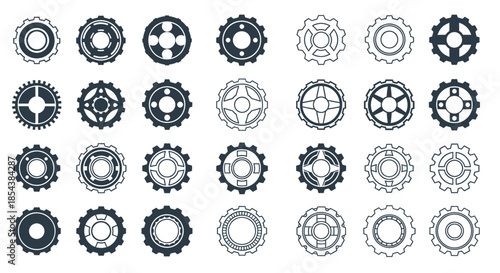 A diverse collection of stylized gear and cogwheel icons, presented as scalable vector graphics, ideal for illustrating mechanical and industrial concepts.
