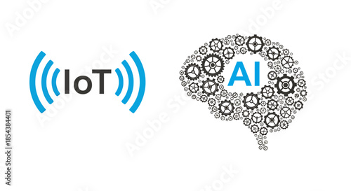 A clear vector illustration depicting the interconnected concepts of Internet of Things (IoT) and Artificial Intelligence (AI) for advanced technology.