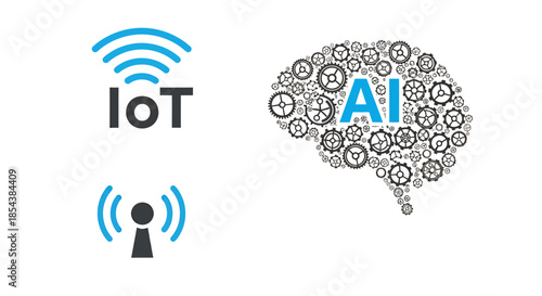 This conceptual vector illustration visually represents the interconnected worlds of Internet of Things (IoT) and Artificial Intelligence (AI) with brain gears.