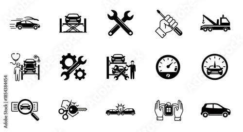 A vector illustration showcasing a comprehensive set of car repair and maintenance icons, perfect for automotive service providers and informational graphics.