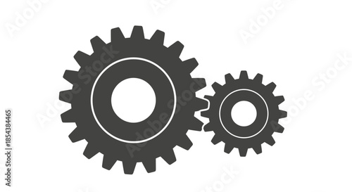 This clean vector illustration features two interlocked dark grey gears, symbolizing teamwork, mechanics, and industrial processes on a pristine white background.