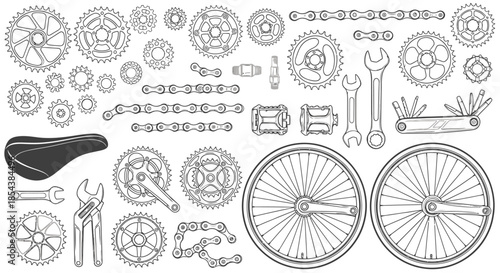 This comprehensive vector illustration showcases a detailed collection of essential bicycle components, including gears, chains, wheels, and tools, presented in a clean line art style.