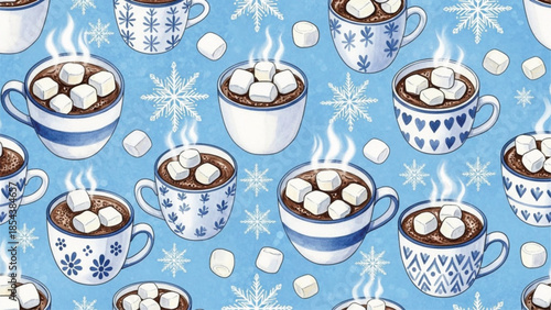 Seamless Winter Hot Chocolate Pattern with Marshmallows and Snowflakes