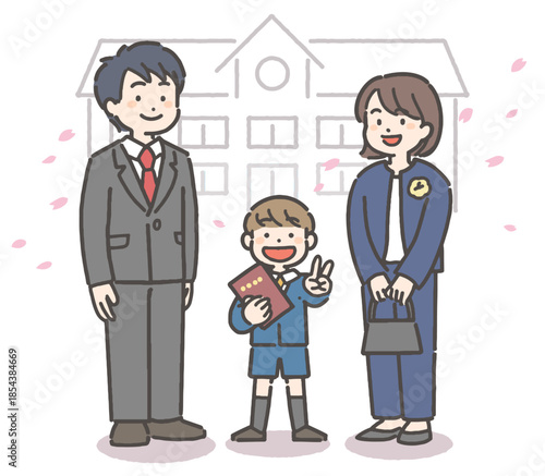 桜吹雪の中、卒園の証書を持って笑顔の男の子の園児と家族