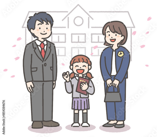 桜吹雪の中、卒園の証書を持って笑顔の女の子の園児と家族