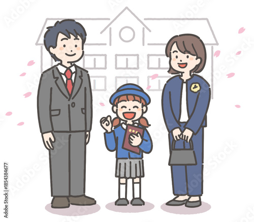 桜吹雪の中、卒園の証書を持って笑顔の、制服を着た女の子の園児と家族