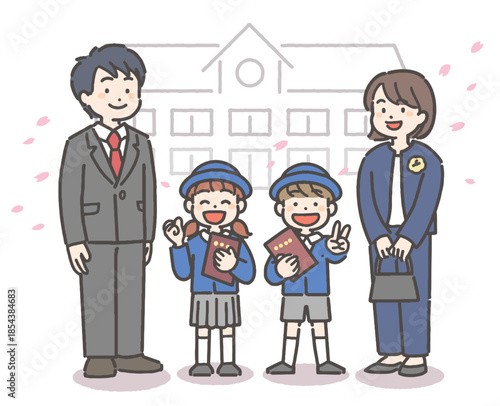 桜吹雪の中、卒園の証書を持って笑顔の、制服を着た男の子と女の子の園児と家族