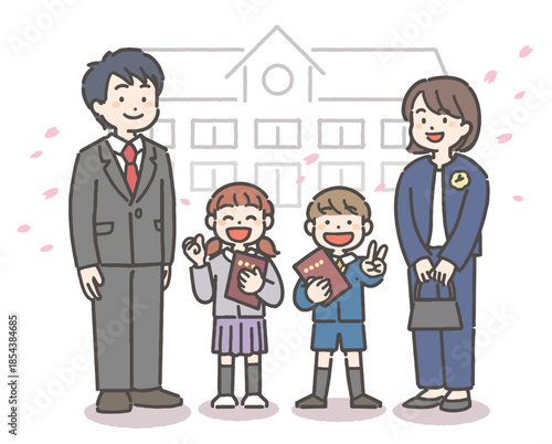 桜吹雪の中、卒園の証書を持って笑顔の、男の子と女の子の園児と家族