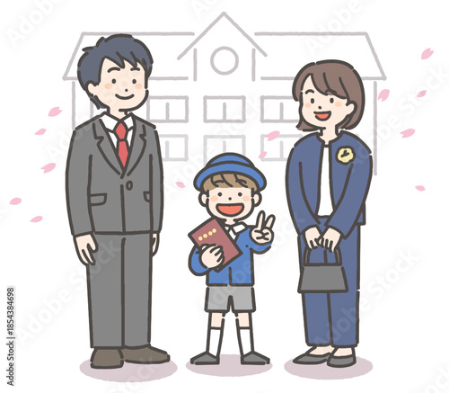 桜吹雪の中、卒園の証書を持って笑顔の、制服を着た男の子の園児と家族