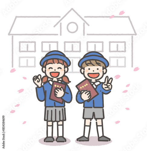 桜吹雪の中、卒園の証書を持って笑顔の、制服を着た男の子と女の子の園児