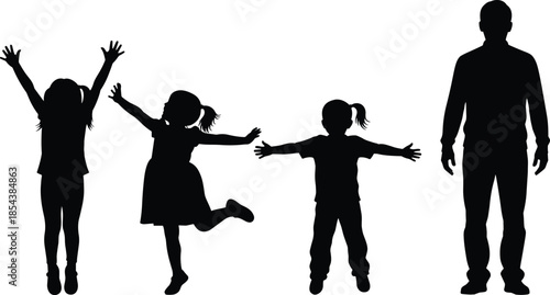 Black silhouette of father with three happy daughters jumping and playing, cheerful family group together, childhood joy, parenting and fatherhood concept on white.