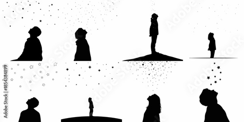 Black silhouettes of diverse people looking up at falling stars and abstract shapes, symbolizing hope, dreams, and cosmic wonder.