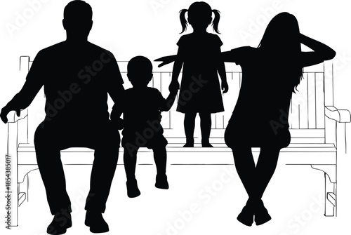 Black silhouette of happy family sitting on park bench, father and mother with two children, parenthood and childhood bonding, peaceful outdoor summer recreation.