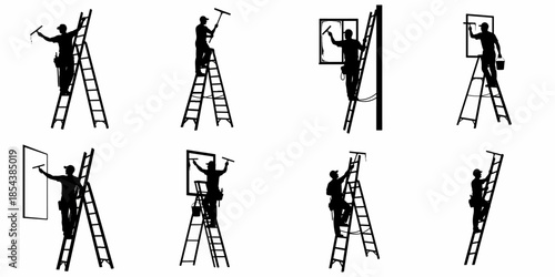 Set of eight black silhouettes showing window cleaners on stepladders using squeegees for professional cleaning services.
