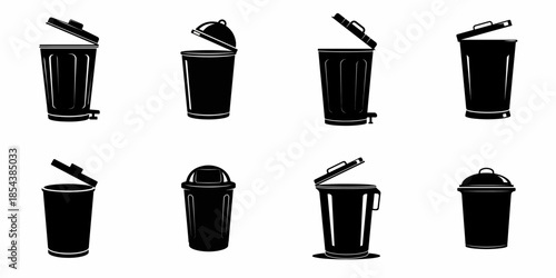 Eight black silhouettes of garbage cans and trash bins with various open and closed lids, isolated on a white background, symbolizing waste, recycling, and disposal.