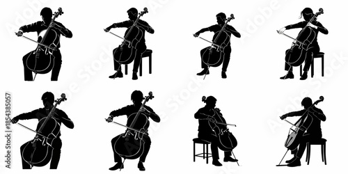 Collection of eight black and white vector silhouettes of professional cellists playing the violoncello in performance postures.
