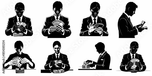 Monochrome Collection of Business People Counting Money, Illustrating Wealth, Greed, and Financial Transactions in Silhouette Vector Art.