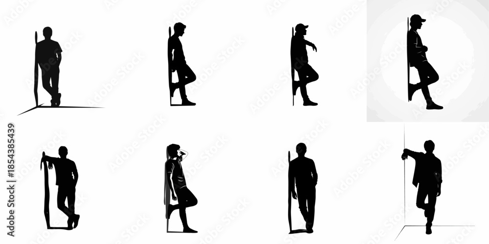 Fototapeta premium Eight black vector silhouettes of casual young men leaning and standing, isolated on a white background, suitable for graphic design.