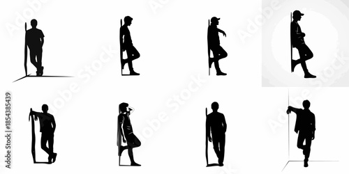 Eight black vector silhouettes of casual young men leaning and standing, isolated on a white background, suitable for graphic design.