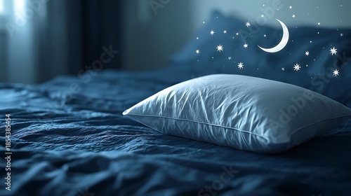 White pillow on blue bed with moon and stars illustration.