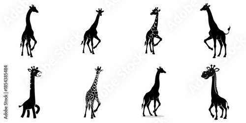 A collection of eight diverse giraffe silhouettes and stylized vector illustrations in black and white, depicting standing and walking poses.