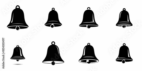 Eight Vector Silhouette Icons Depicting Various Styles of Traditional and Notification Bells, Suitable for Alert, Alarm, and Interface Design Elements.