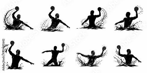 Dynamic Water Polo Player Silhouettes Set: Eight black vector illustrations showcasing athletes throwing the ball and creating intense water splashes.