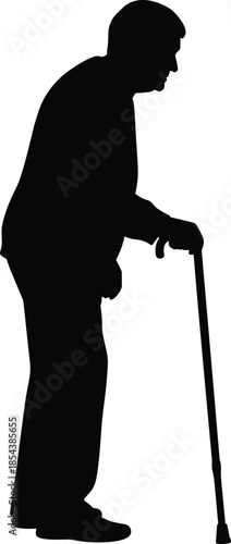 Black silhouette of senior man walking with cane, elderly person icon for retirement lifestyle, disability support, aging process, and healthcare services for pensioners.