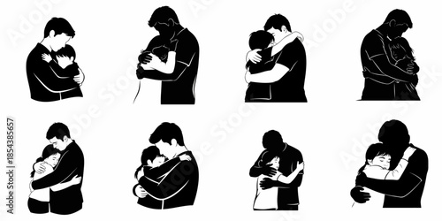 Collection of black and white silhouette illustrations depicting emotional embraces between a man and a child, symbolizing love, protection, comfort, and family bonds.