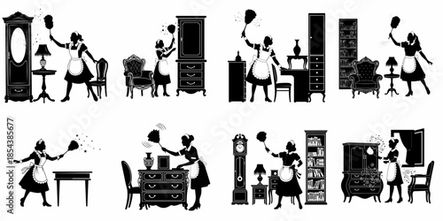 Black Silhouettes Collection: Traditional Maid in Uniform Cleaning and Dusting Luxury Vintage and Antique Furniture with Feather Dusters.