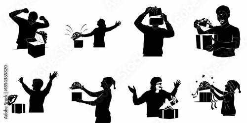Set of eight diverse silhouettes showing people joyfully opening surprise gift boxes, expressing happiness, celebration, and extreme holiday excitement on a white background.
