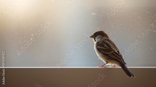 House Sparrow Perching on a Window Ledge in Soft Morning Sunlight