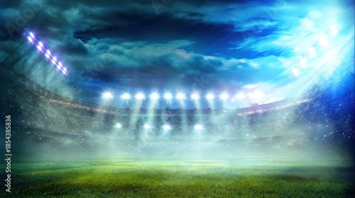 Wallpaper Mural A vibrant sports stadium under dramatic lighting, showcasing a lush green field, surrounded by a misty atmosphere and illuminated by powerful floodlights. Torontodigital.ca