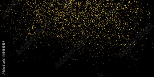 Golden falling confetti on dark background. Repeating gold glitter pattern. Yellow and golden dots wallpaper. Celebration party decoration. Vector backdrop