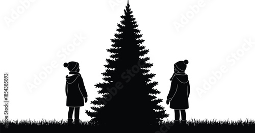 Black silhouette of two children in winter clothes standing by a pine tree in a field, Christmas holiday nature scene, vector illustration,