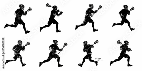 Eight Lacrosse Player Silhouettes Running and Dodging with Stick, Vector Set of Dynamic Sports Poses for Competition Graphics