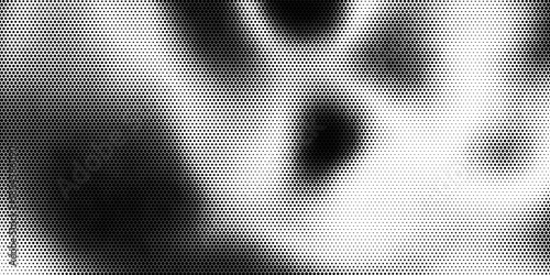 Hexagon halftone gradient texture. Abstract black grunge background. Geometric retro halftone tech overlay. Fading wavy hexagonal pattern backdrop. Vector vanishing honeycomb grunge bitmap wallpaper