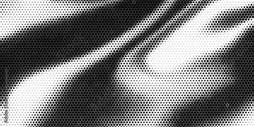 Hexagon halftone gradient texture. Abstract black grunge background. Geometric retro halftone tech overlay. Fading wavy hexagonal pattern backdrop. Vector vanishing honeycomb grunge bitmap wallpaper