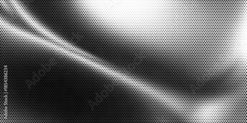Hexagon halftone gradient texture. Abstract black grunge background. Geometric retro halftone tech overlay. Fading wavy hexagonal pattern backdrop. Vector vanishing honeycomb grunge bitmap wallpaper