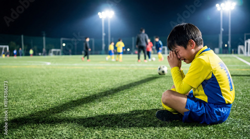 Plakat 夜のサッカー場でナイター照明の下、座り込んで泣きじゃくる男の子。左側に広いコピースペースを確保しており、スクール生の募集や子供のメンタル教育の広告に最適です。人工芝のグラウンドで悔しさを噛み締める姿は、スポーツを通じた忍耐力と成長の物語を強調します。指導法、習い事、育児の葛藤をテーマにしたメディア素材に使いやすい構図です。