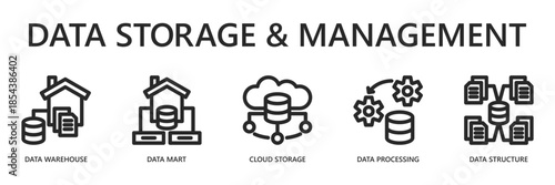 Data Storage and Management Outline Web Banner Icon Vector Illustration for Infrastructure and Information Management Concept with Data Warehouse, Data Mart, Cloud Storage, Data Processing, Structure.