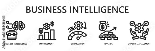 Business Intelligence Outline Web Banner Icon Vector Illustration Concept with Business Intelligence, Business Improvement, Optimization, Revenue, Quality Management Icons.