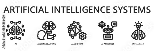 Artificial Intelligence Systems Outline Web Banner Icon Vector Illustration for Smart Technology and Automation Concept with AI, Machine Learning, Algorithm, AI Assistant, Intelligent Icons.