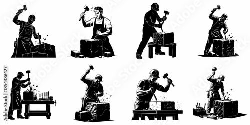 Collection of stylized black silhouettes showing stonemasons, sculptors, and stonecutters hammering and chiseling large stone blocks.