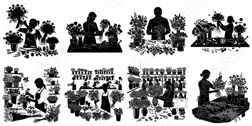 Collection of black and white silhouettes illustrating florists creating beautiful floral arrangements and working in a busy flower shop environment.