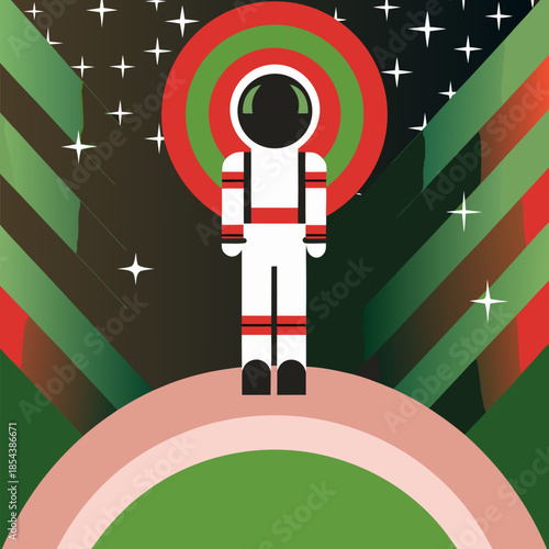 Cosmonaut floating above Earth in vivid space suit